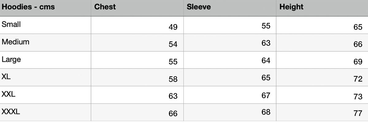 Hoodies Sizing Table