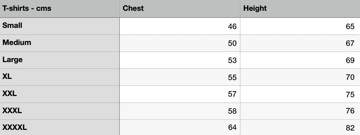 T-shirt sizing chart
